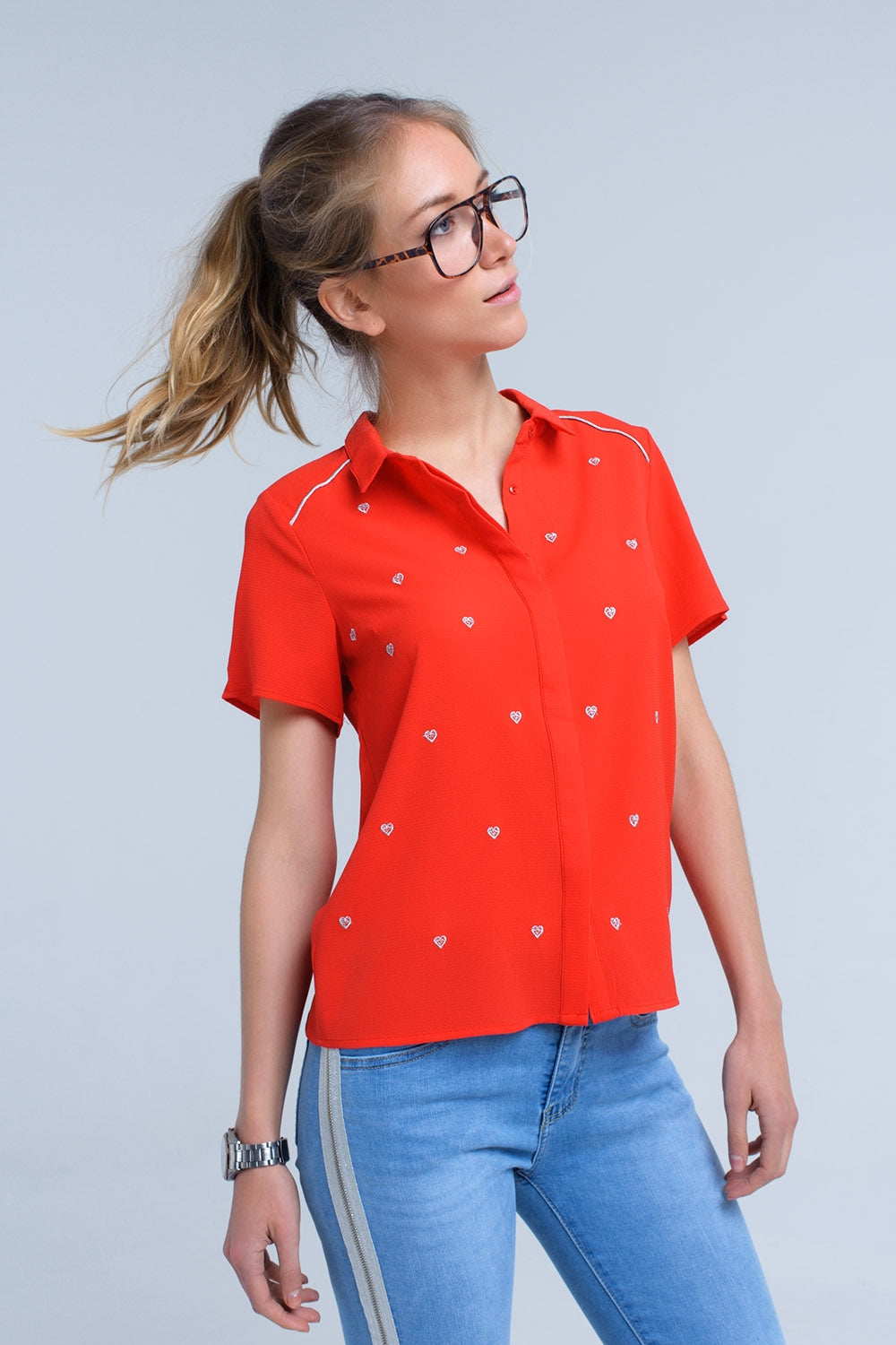 Red shirt with heart embroidery Q2 Shirts BoutiqueLua