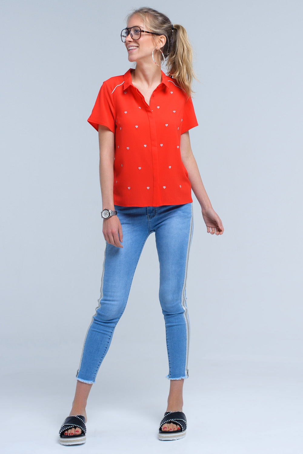 Red shirt with heart embroidery Q2 Shirts BoutiqueLua