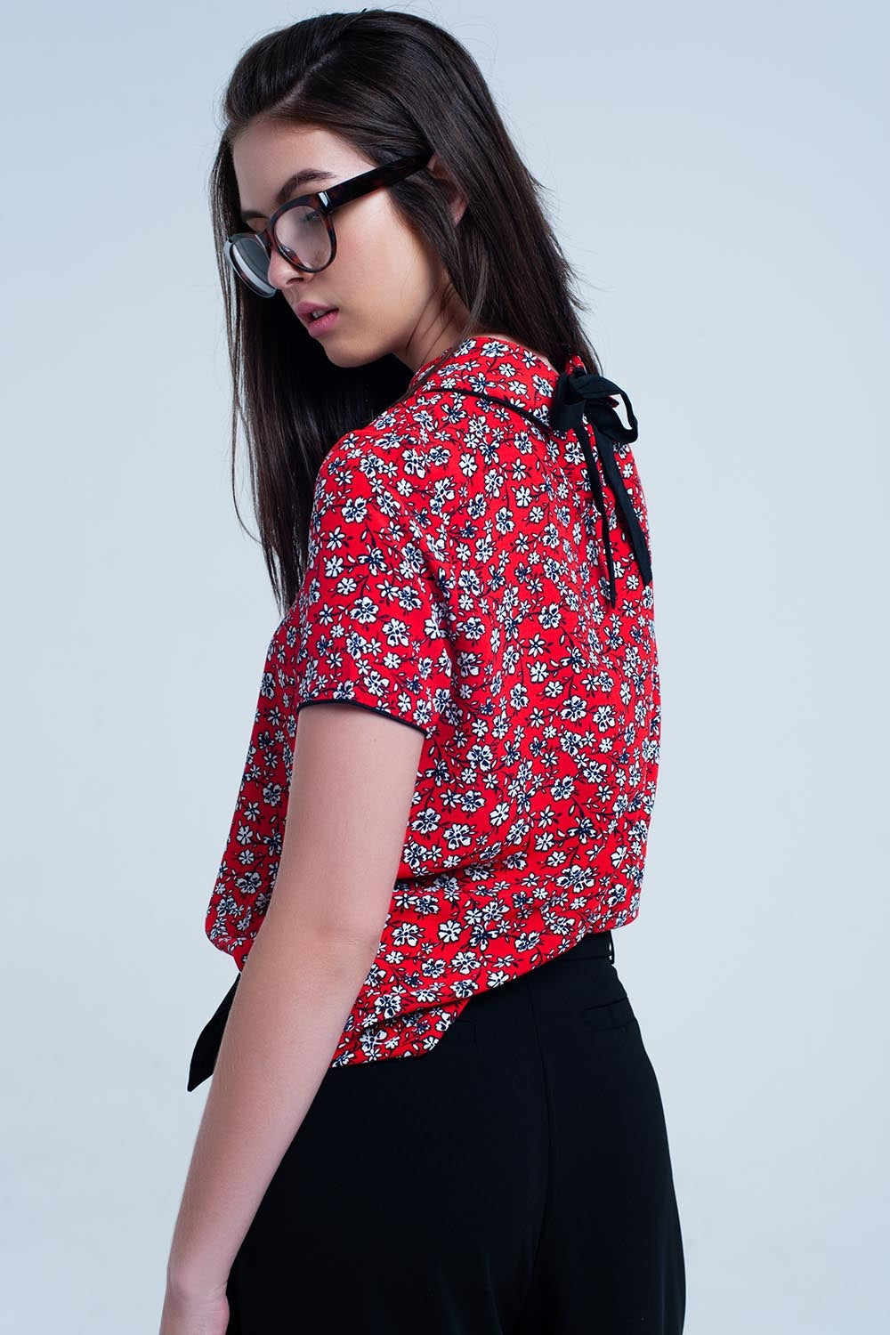 Red Shirt with white flowers print Q2 Shirts BoutiqueLua