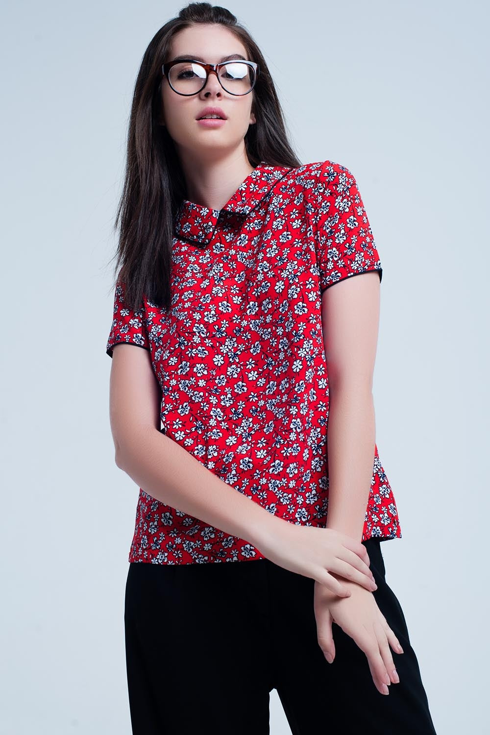 Red Shirt with white flowers print Q2 Shirts BoutiqueLua