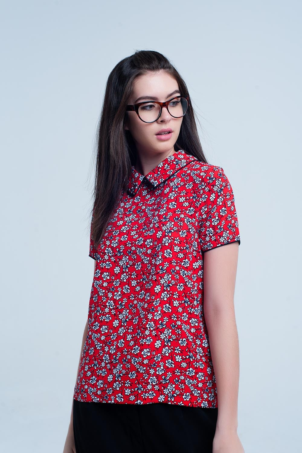 Red Shirt with white flowers print Q2 Shirts BoutiqueLua