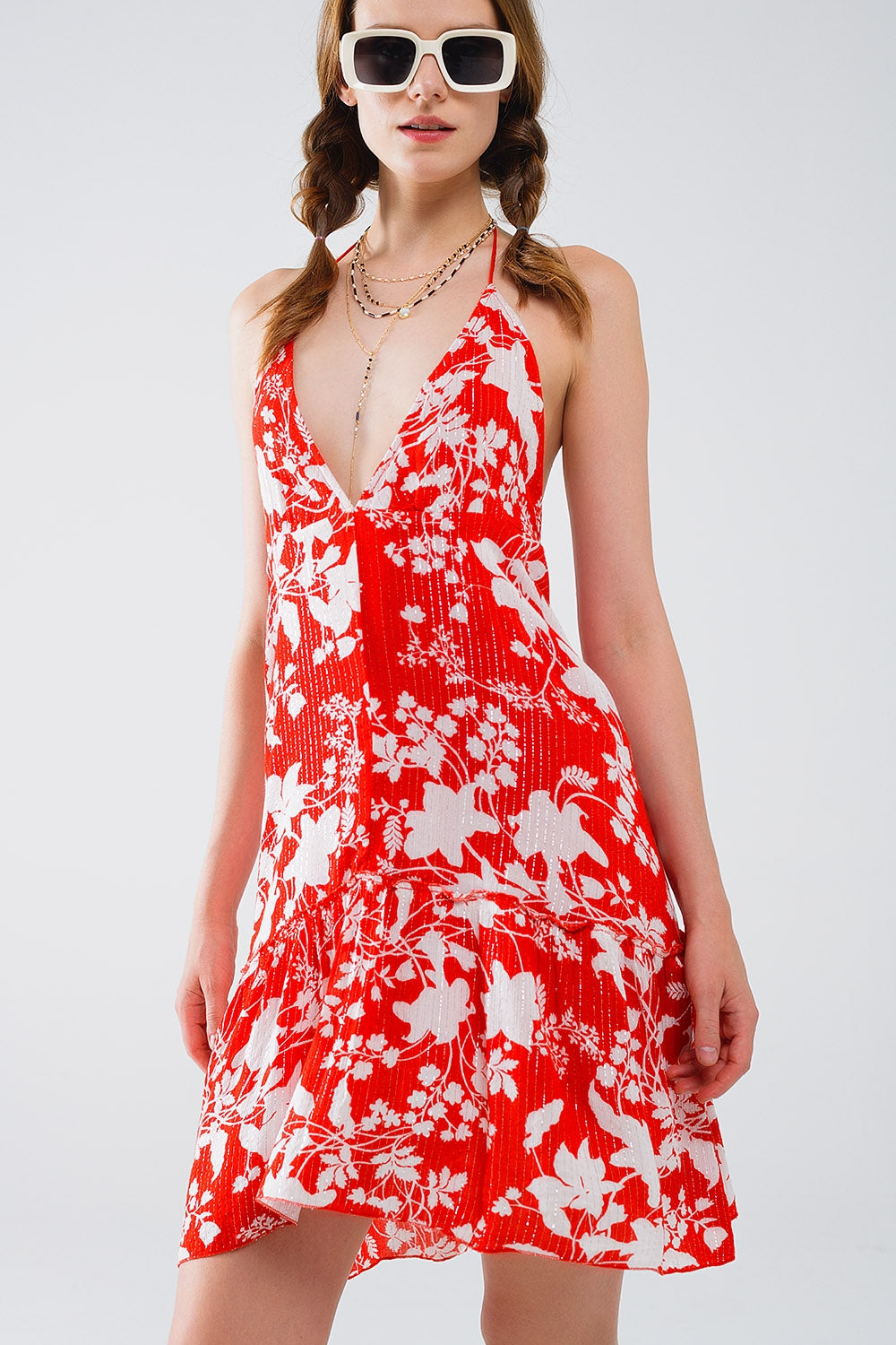 Red Short Boho flower print dress with lurex detail Q2 Dresses BoutiqueLua