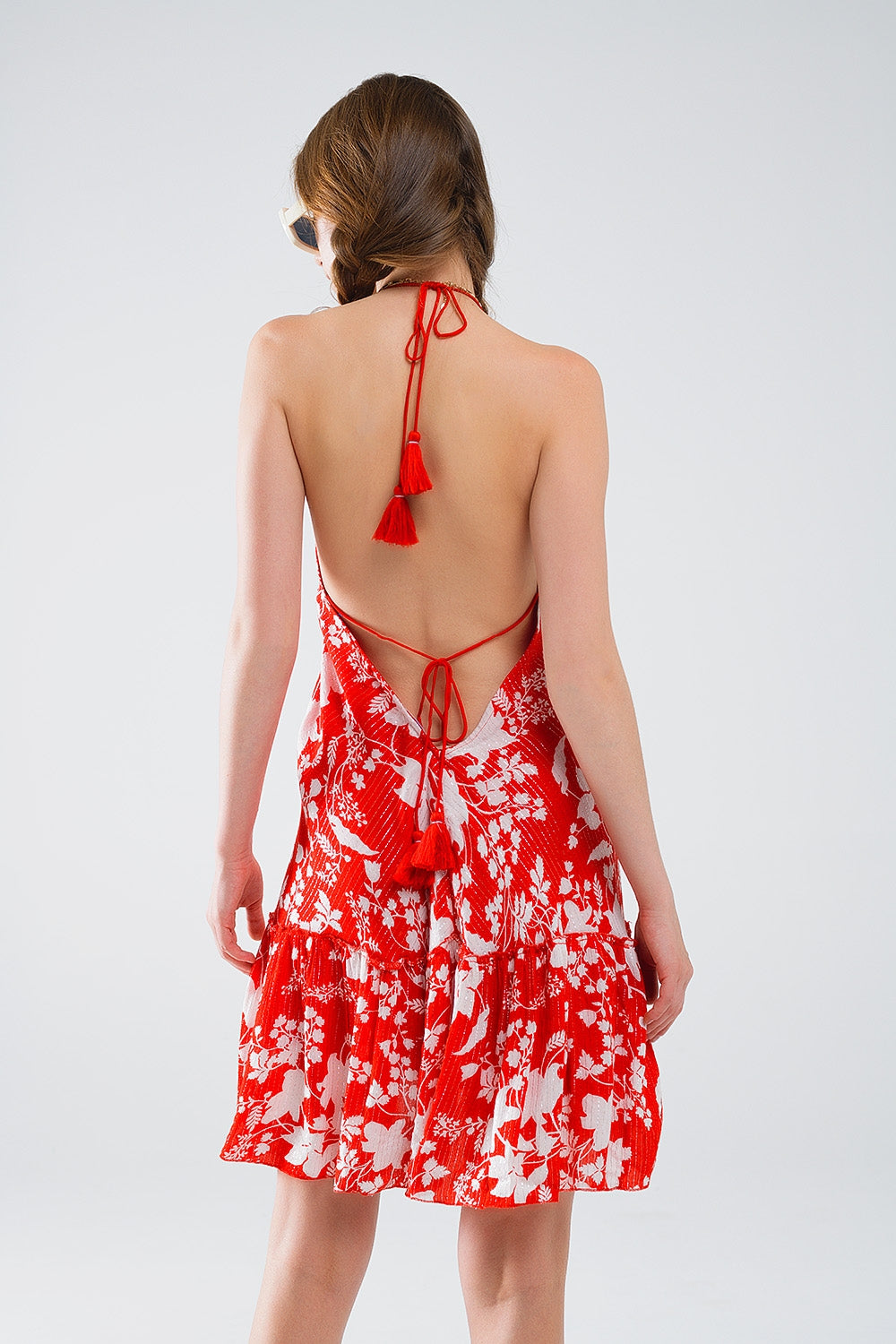 Red Short Boho flower print dress with lurex detail Q2 Dresses BoutiqueLua