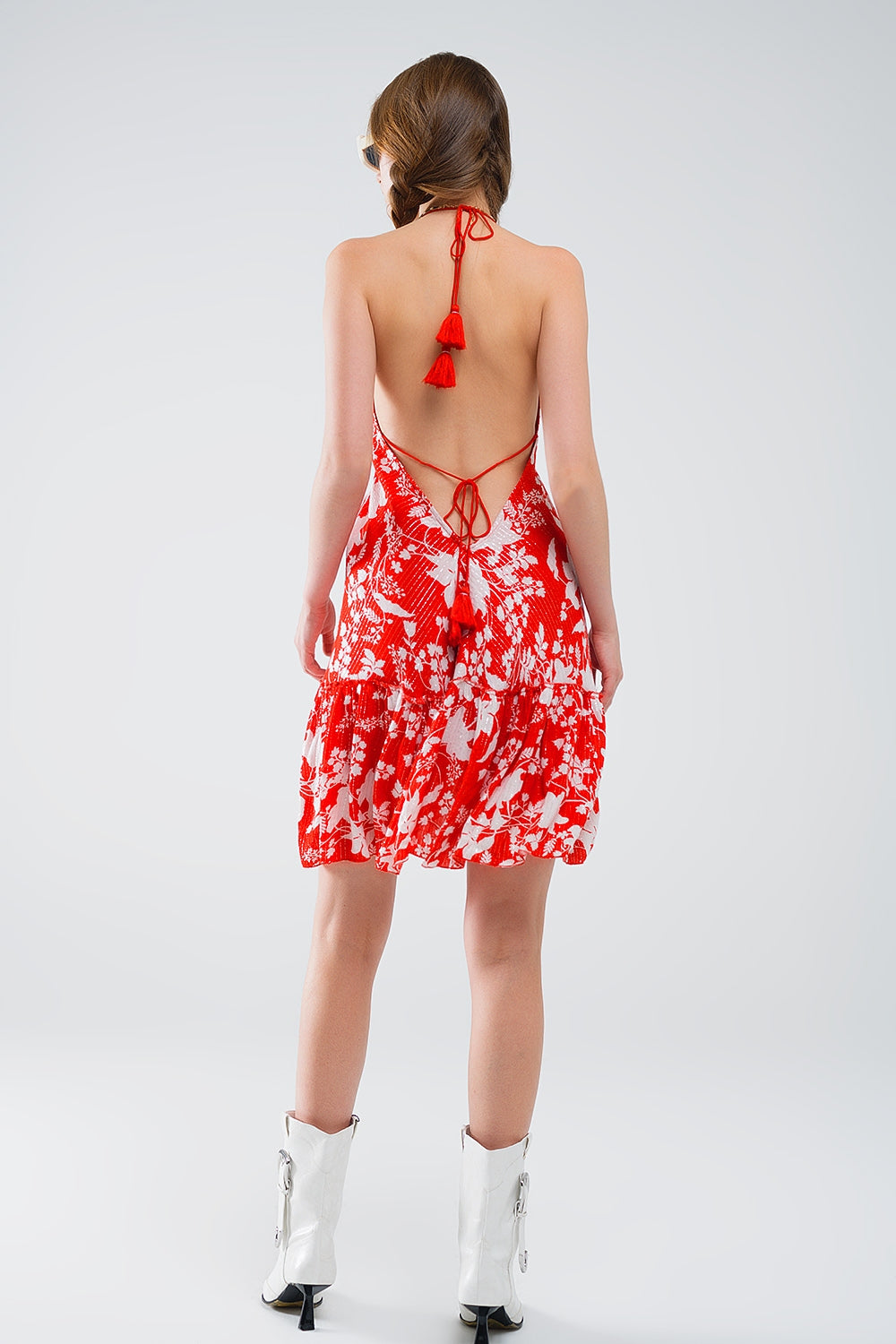 Red Short Boho flower print dress with lurex detail Q2 Dresses BoutiqueLua