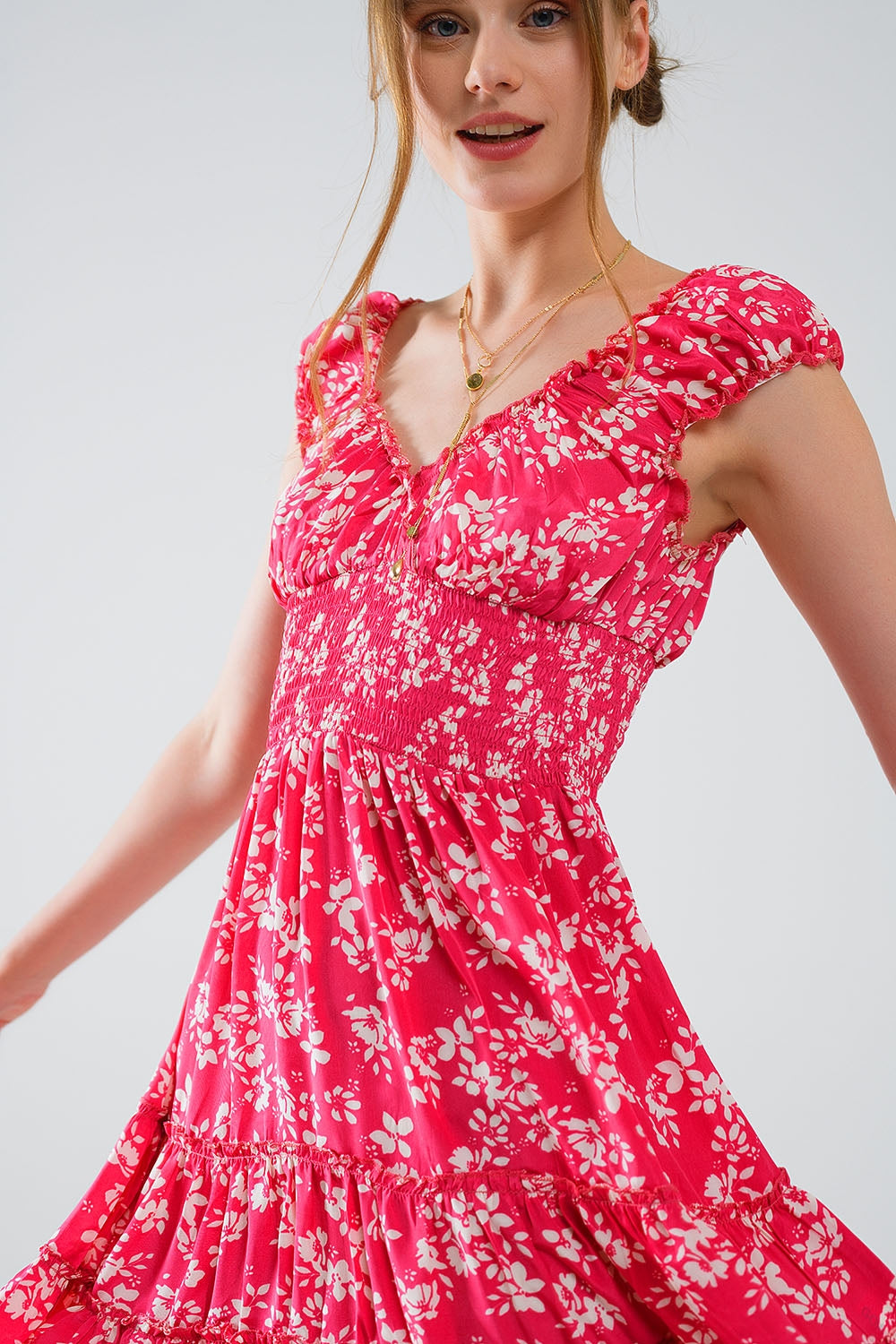 Red Short dress With White Floral Print And Elastic Waist Q2 Dresses BoutiqueLua