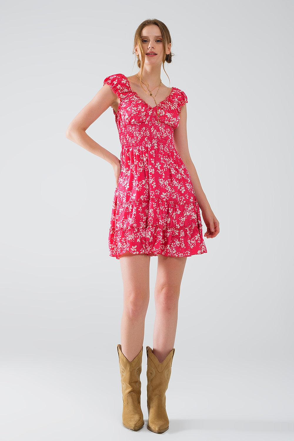 Red Short dress With White Floral Print And Elastic Waist Q2 Dresses BoutiqueLua