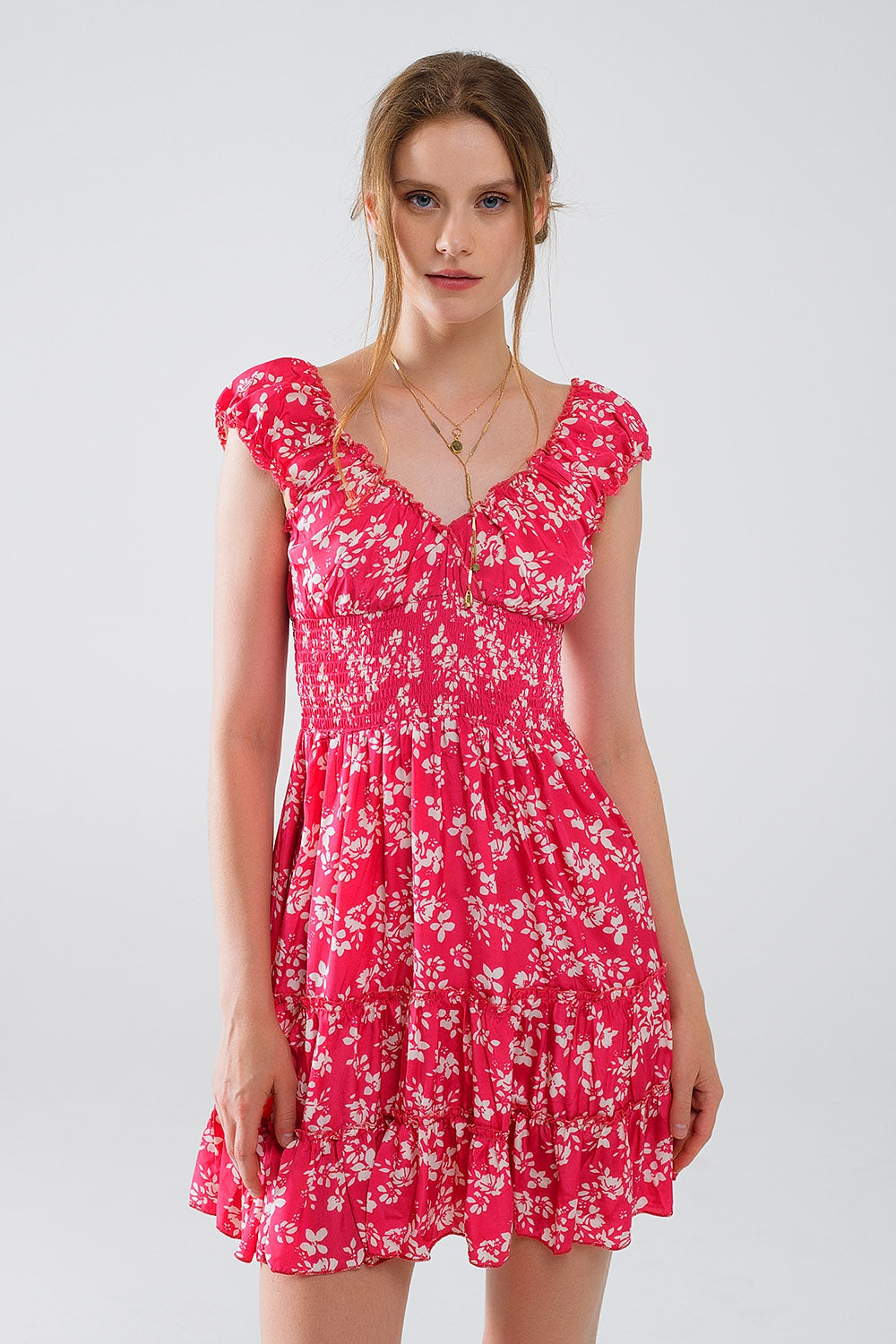 Red Short dress With White Floral Print And Elastic Waist Q2 Dresses BoutiqueLua