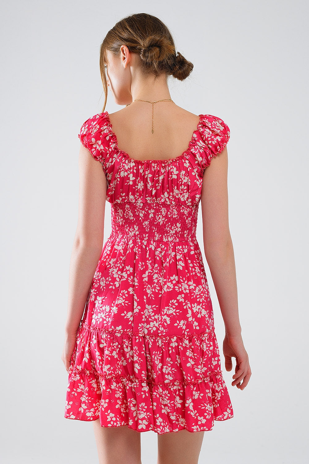 Red Short dress With White Floral Print And Elastic Waist Q2 Dresses BoutiqueLua