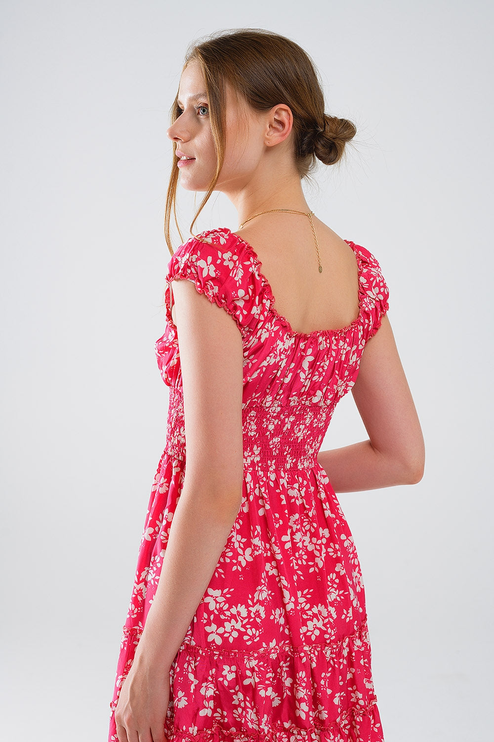 Red Short dress With White Floral Print And Elastic Waist Q2 Dresses BoutiqueLua