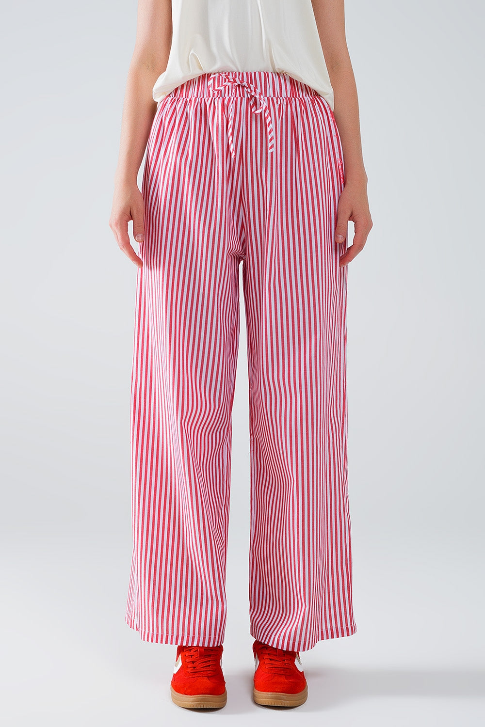 Red Striped Pants with Elastic Waist and Pockets Q2 Pants BoutiqueLua