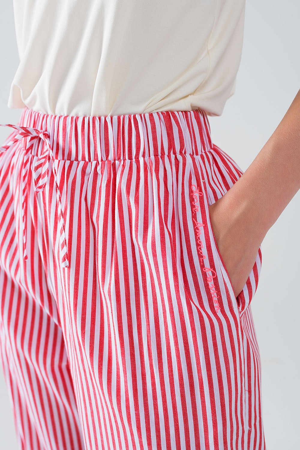 Red Striped Pants with Elastic Waist and Pockets Q2 Pants BoutiqueLua