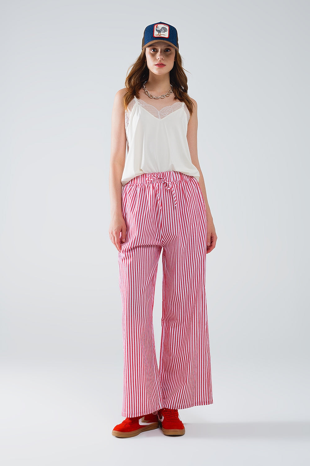 Red Striped Pants with Elastic Waist and Pockets Q2 Pants BoutiqueLua