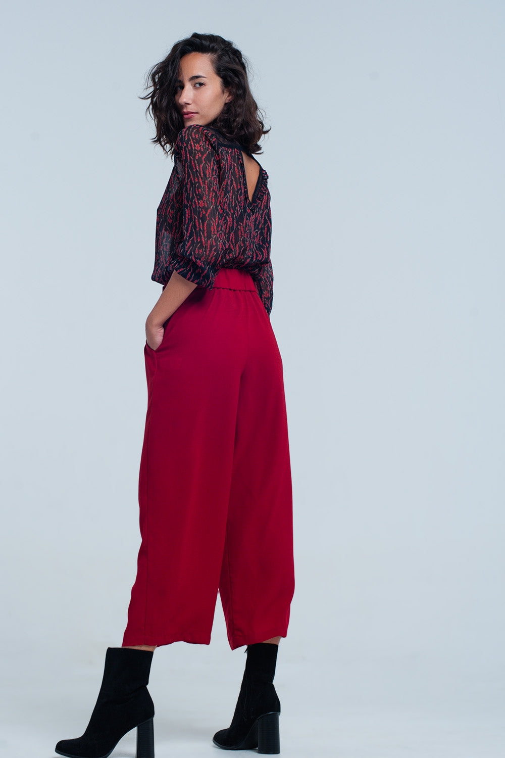 Red wide leg culottes with belt detail Q2 Pants BoutiqueLua