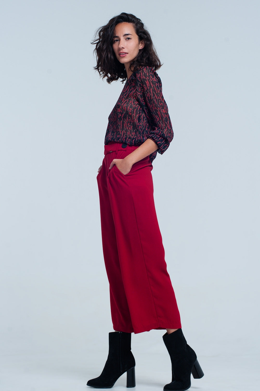 Red wide leg culottes with belt detail Q2 Pants BoutiqueLua