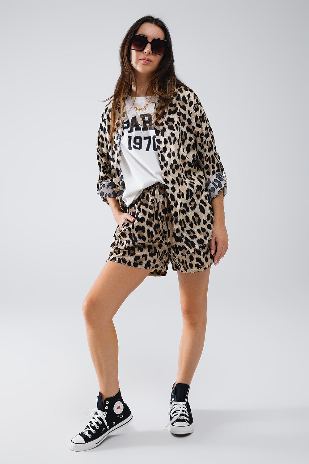 Relaxed Leopard Print High-Low Shirt With Long Sleeves