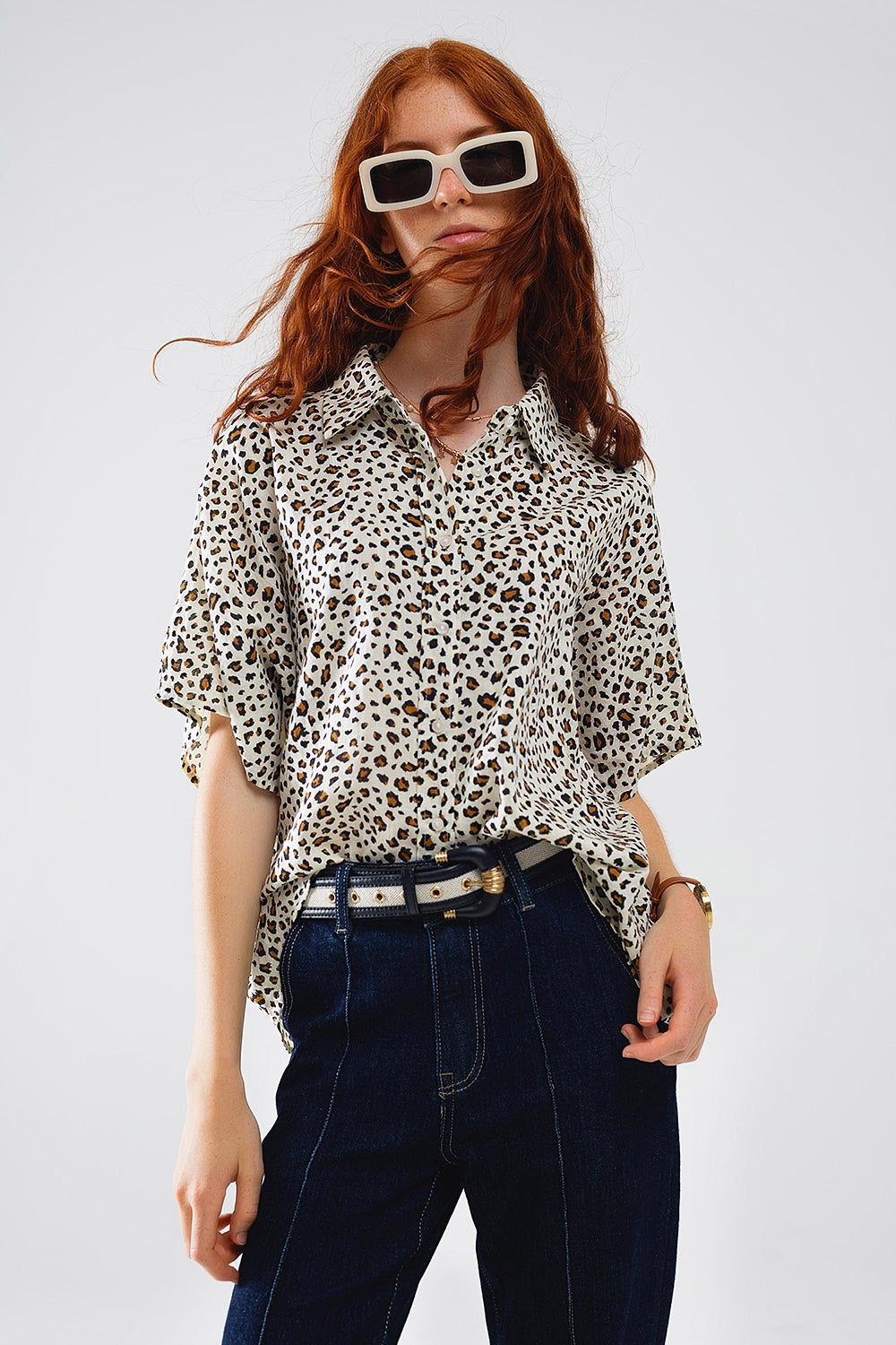 Q2 Relaxed Oversized Leopard Print Short Sleeves Shirt