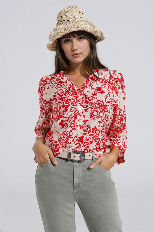 Q2 Relaxed red Floral Print Blouse With Bell Sleeves