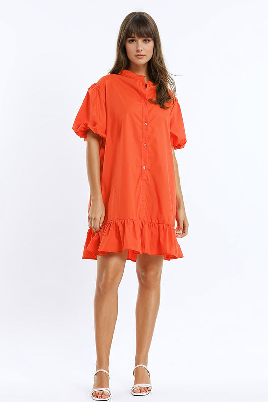 Q2 Relaxed Shirt Dress With Balloon Short Sleeves and Ruffle In Orange