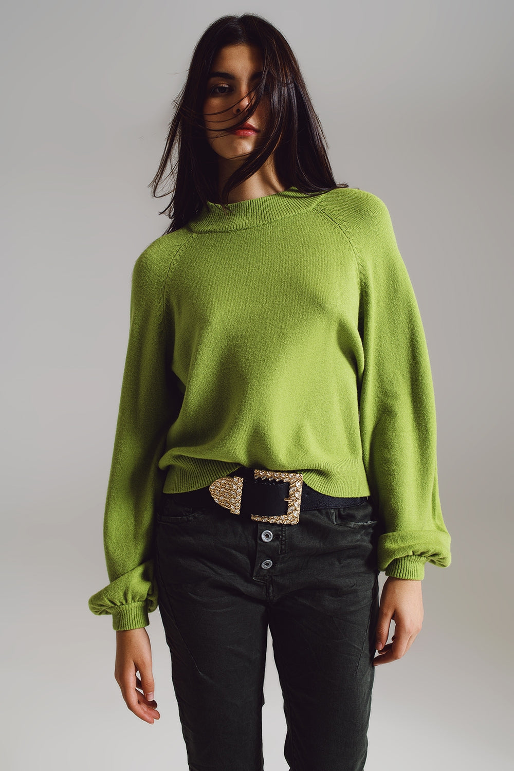 relaxed style green jumper with balloon sleeves Q2 Sweaters BoutiqueLua