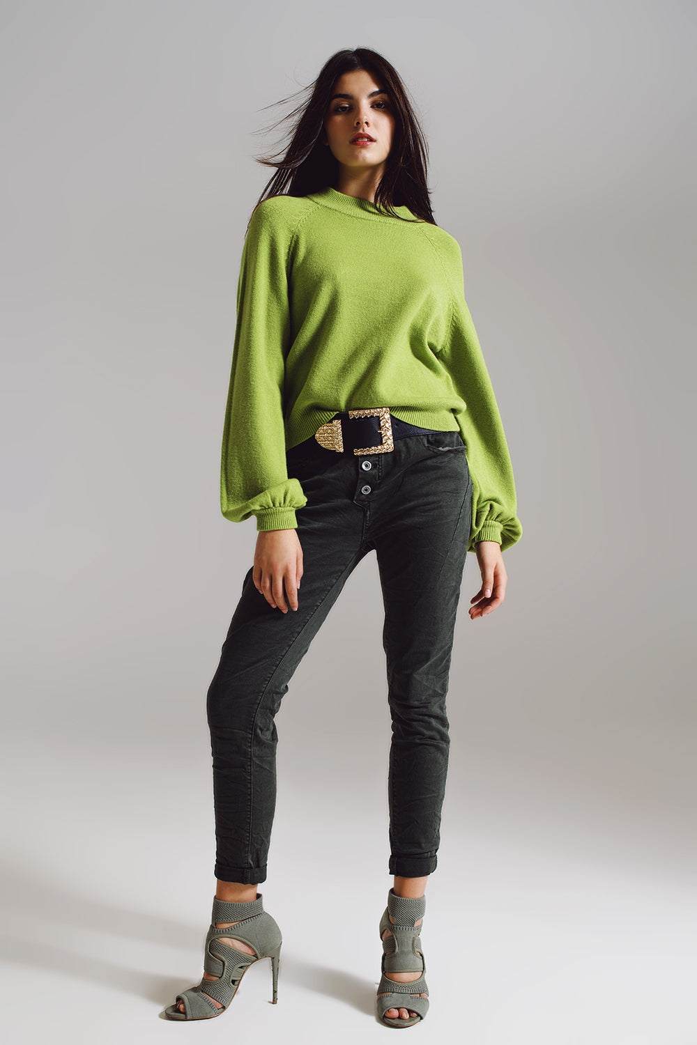 relaxed style green jumper with balloon sleeves Q2 Sweaters BoutiqueLua