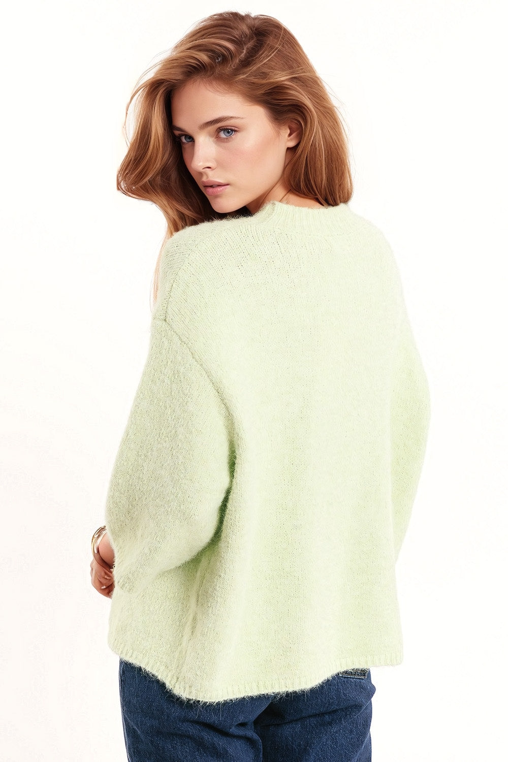 Relaxed Sweater With 3/4 Sleeve and Crew Neck in Green Q2 Sweaters BoutiqueLua