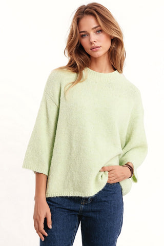 Relaxed Sweater With 3/4 Sleeve and Crew Neck in Green