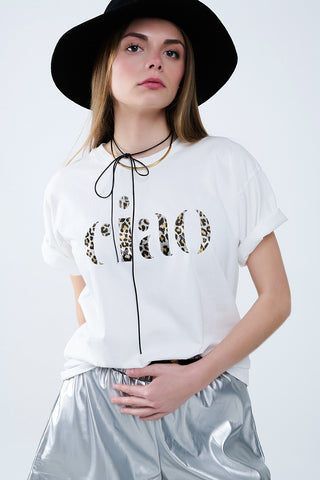 relaxed White T-shirt With Ciao in Leopard Print