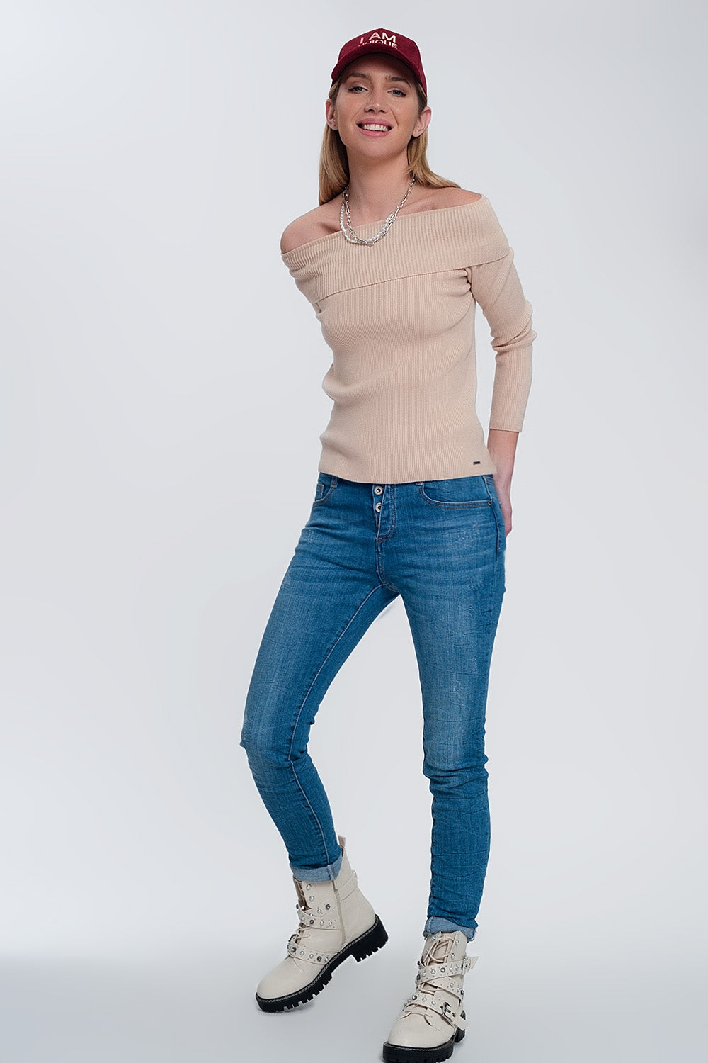 Rib bardot jumper in beige Q2 Sweaters BoutiqueLua