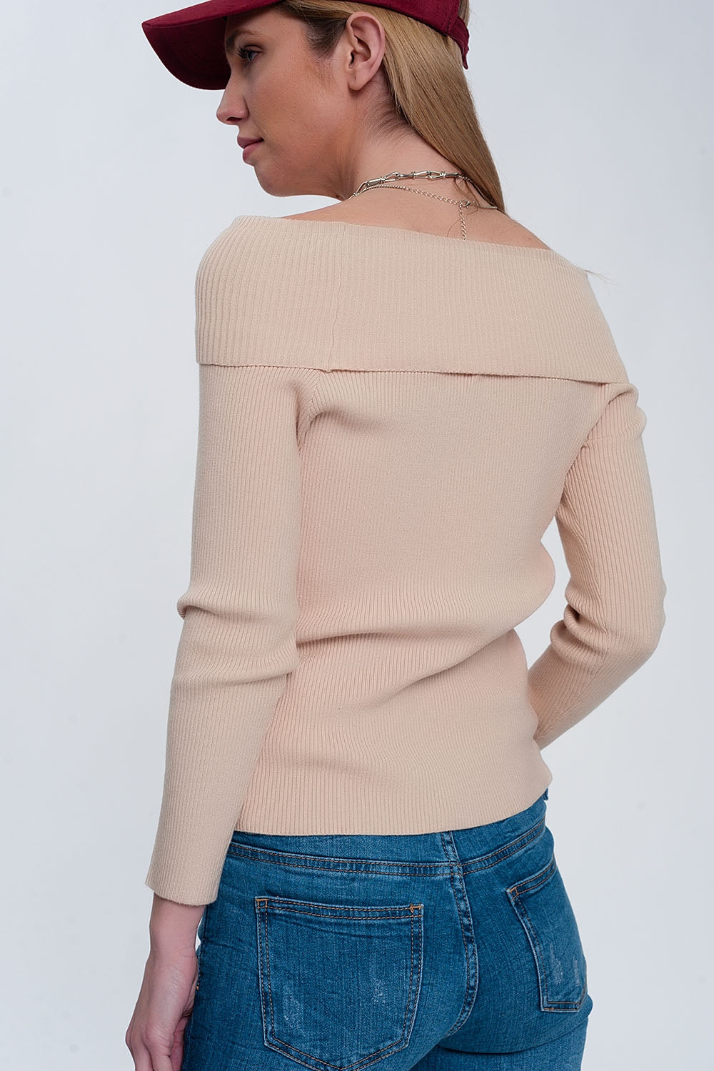 Rib bardot jumper in beige Q2 Sweaters BoutiqueLua