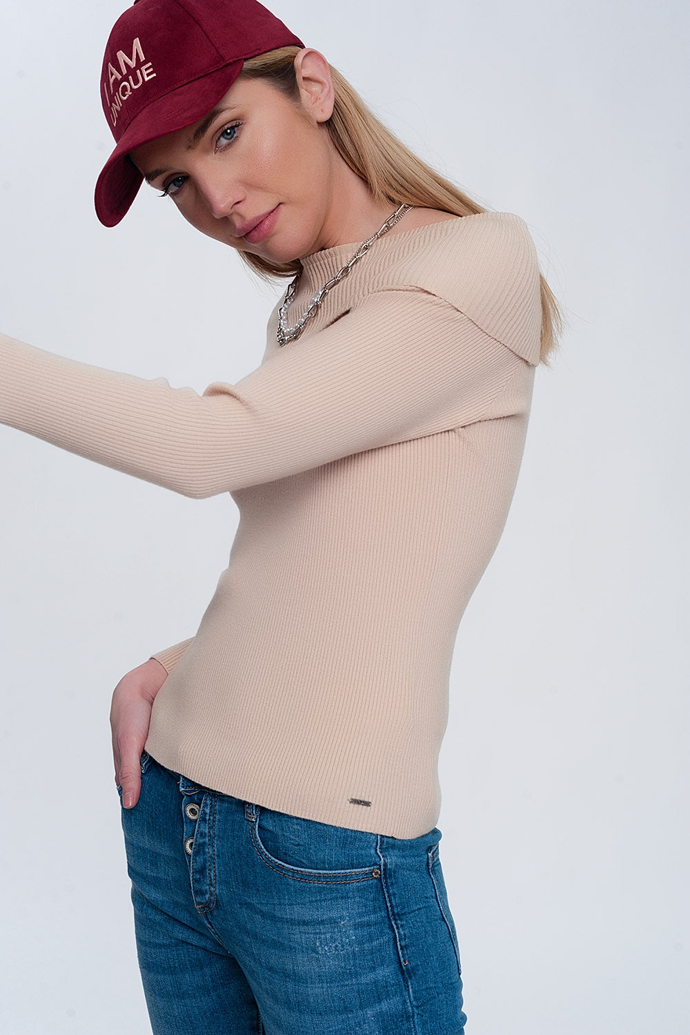 Rib bardot jumper in beige Q2 Sweaters BoutiqueLua