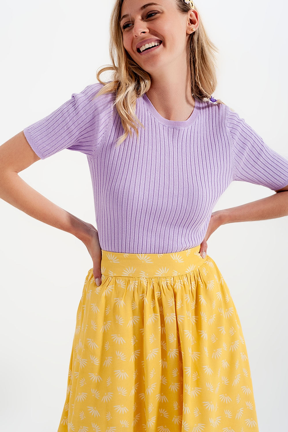 Ribbed knit short sleeve top in lilac Q2 Sweaters BoutiqueLua