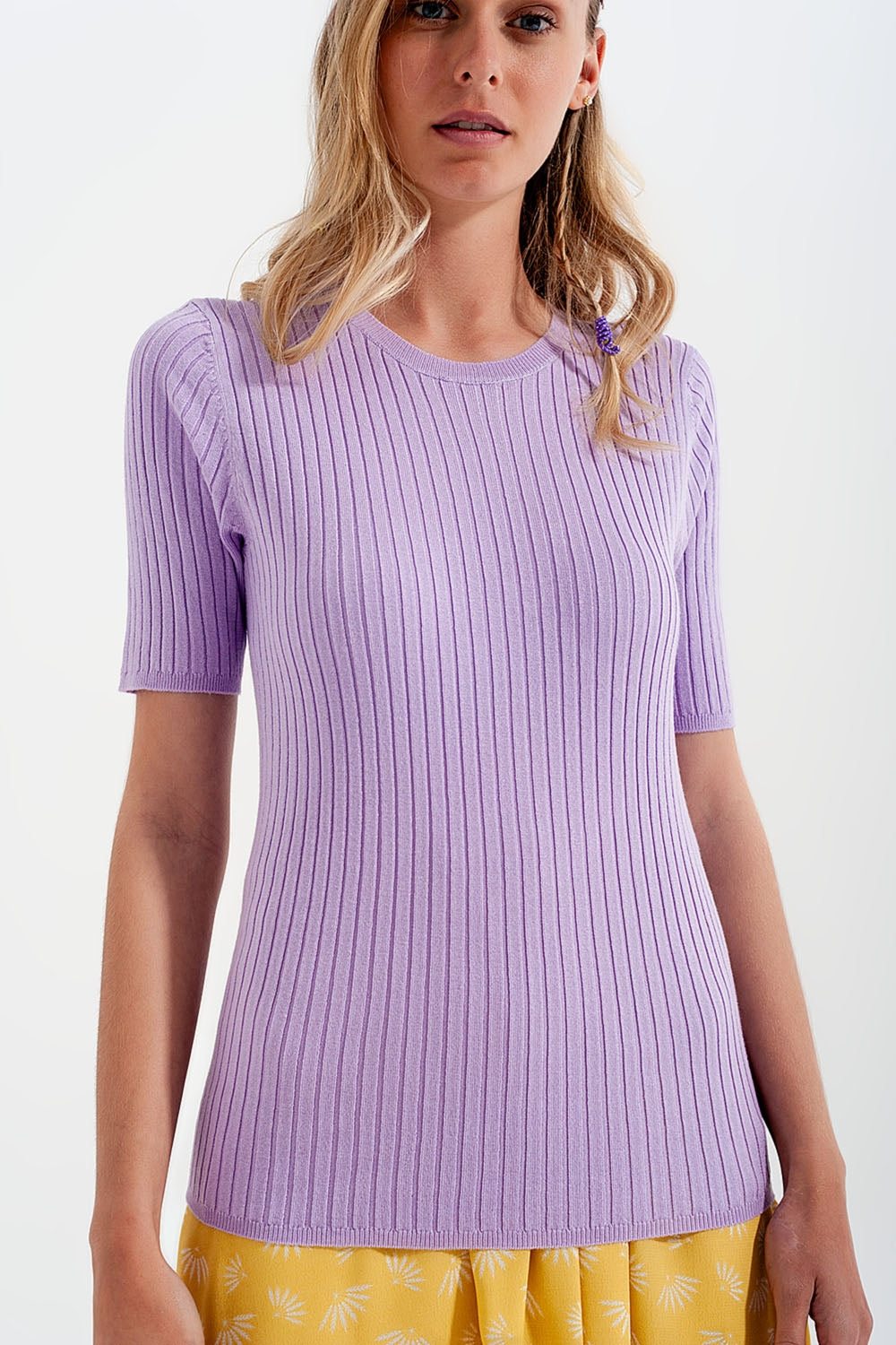 Ribbed knit short sleeve top in lilac Q2 Sweaters BoutiqueLua