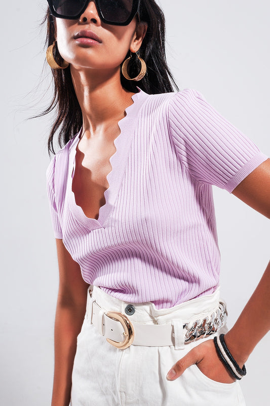 Q2 Ribbed v neck jumper in lilac