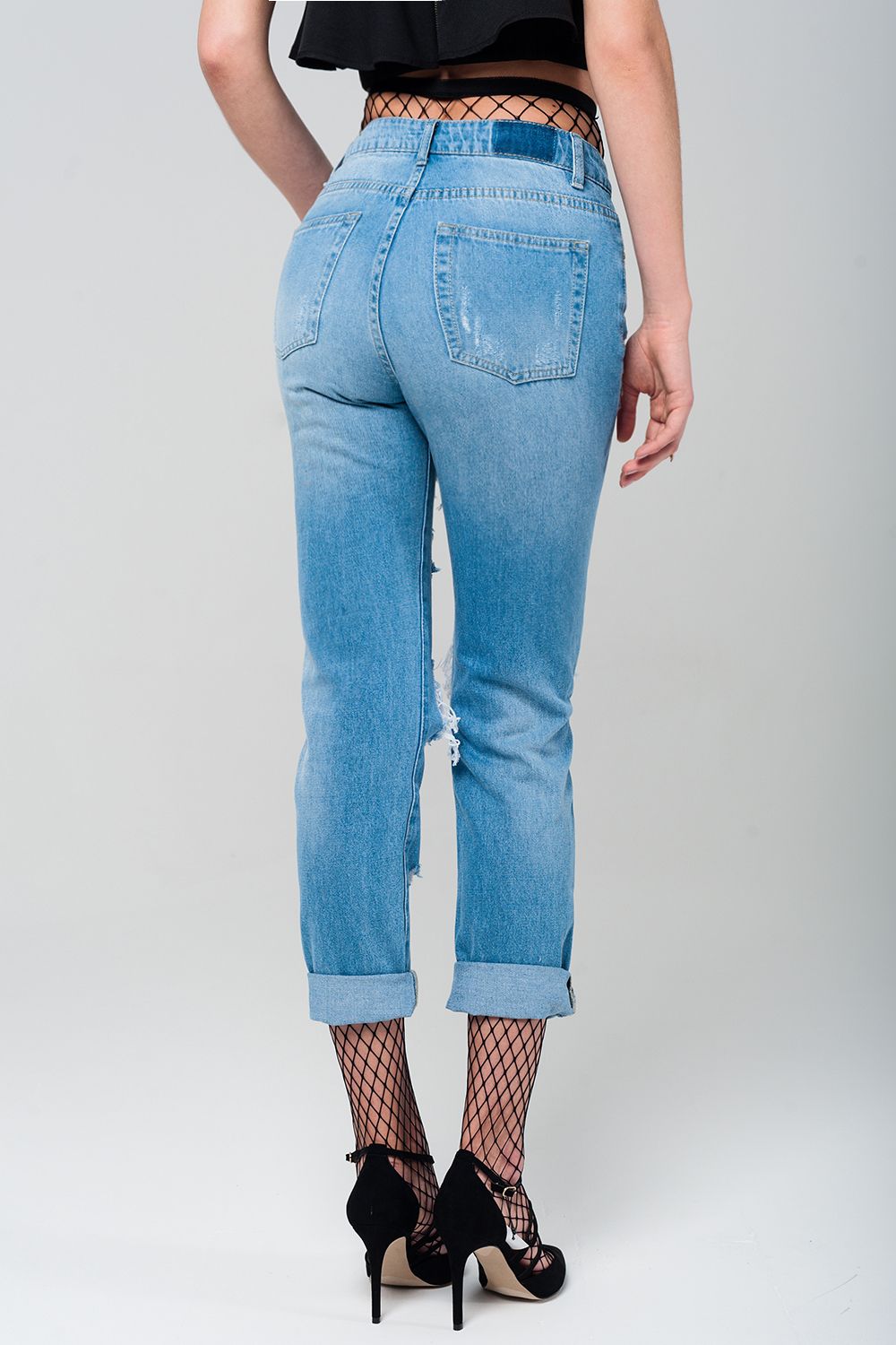 Ripped mom jeans with fishnet tights Q2 Jeans BoutiqueLua