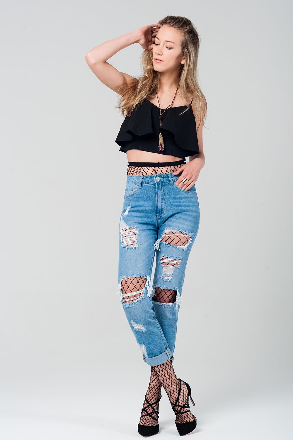 Ripped mom jeans with fishnet tights Q2 Jeans BoutiqueLua