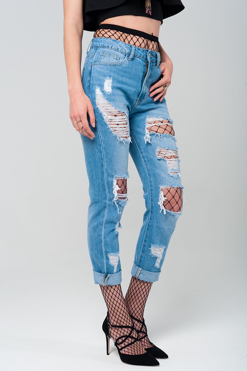 Ripped mom jeans with fishnet tights Q2 Jeans BoutiqueLua