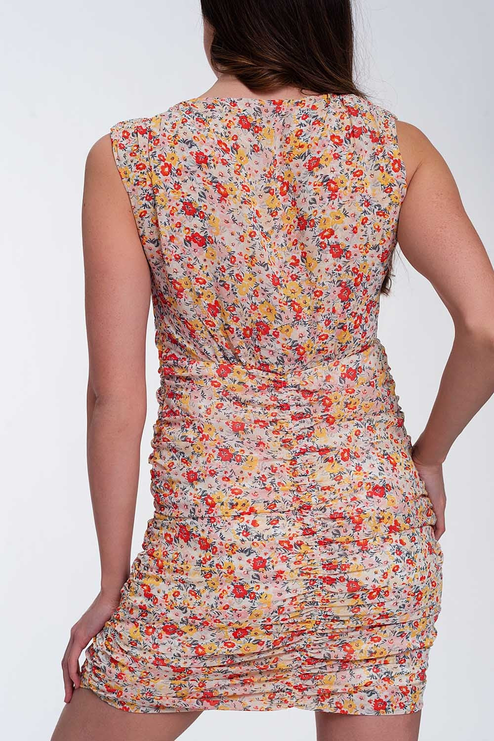 Ruched bodycon mini dress in floral mesh print Q2 Dresses BoutiqueLua