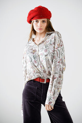 Satin blouse with flower print in grey