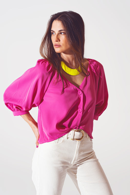 Q2 Satin button through shirt in fuchsia