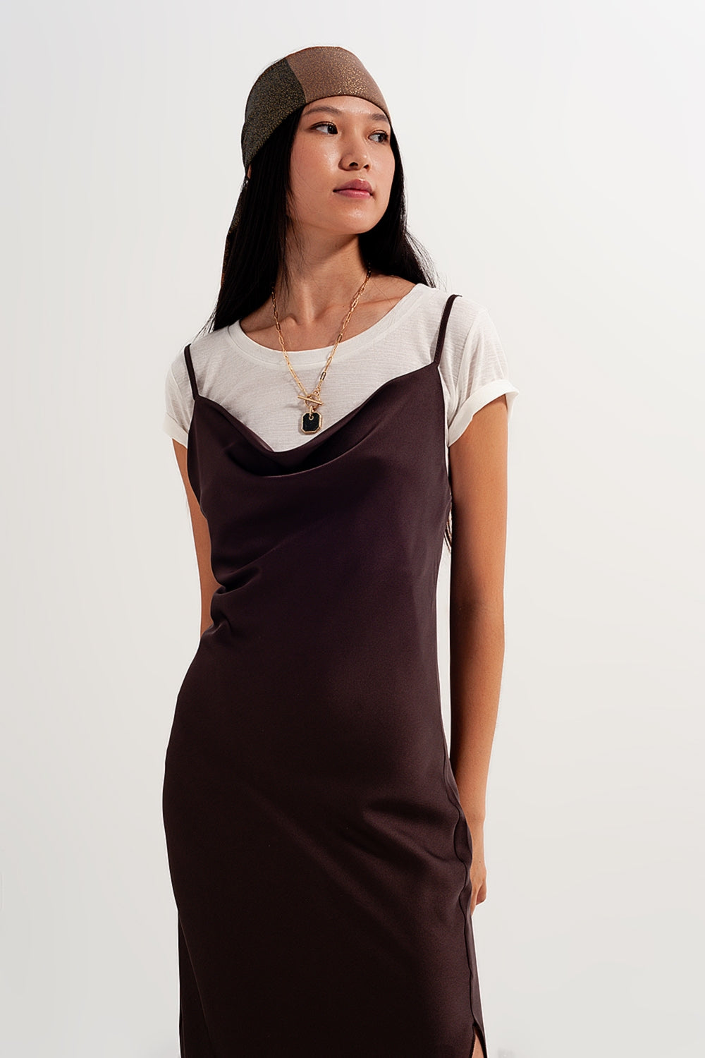 Satin cami strap mini dress in brown Q2 Dresses BoutiqueLua