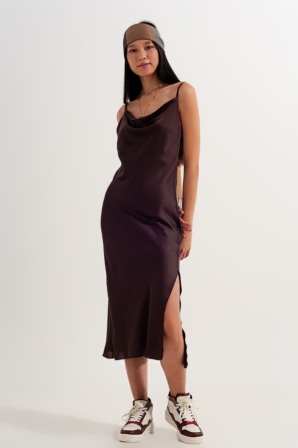 Satin cami strap mini dress in brown Q2 Dresses BoutiqueLua