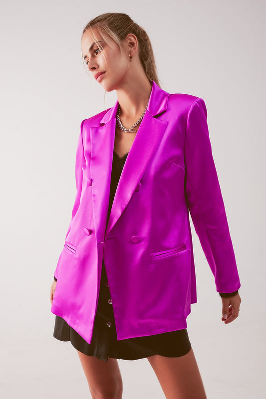 Q2 Satin double breasted suit blazer in fuchsia