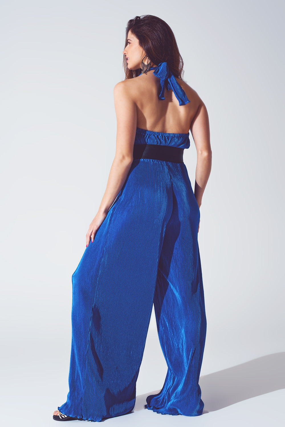 Satin Halter Neck Pleated Maxi Jumpsuit in Blue Q2 Dresses BoutiqueLua