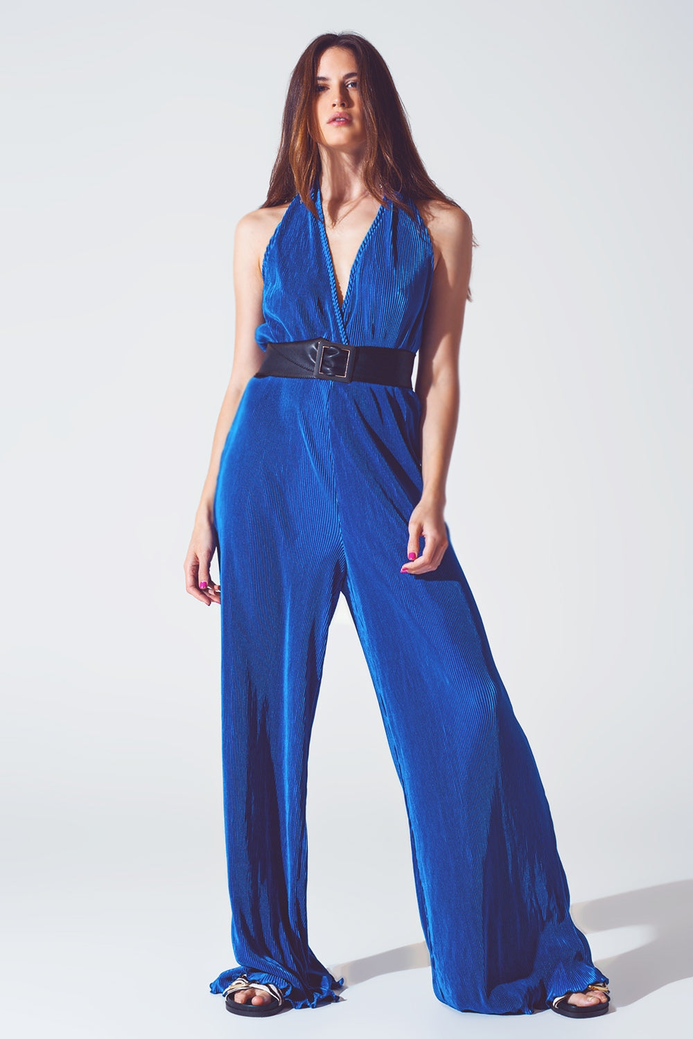 Q2 Satin Halter Neck Pleated Maxi Jumpsuit in Blue