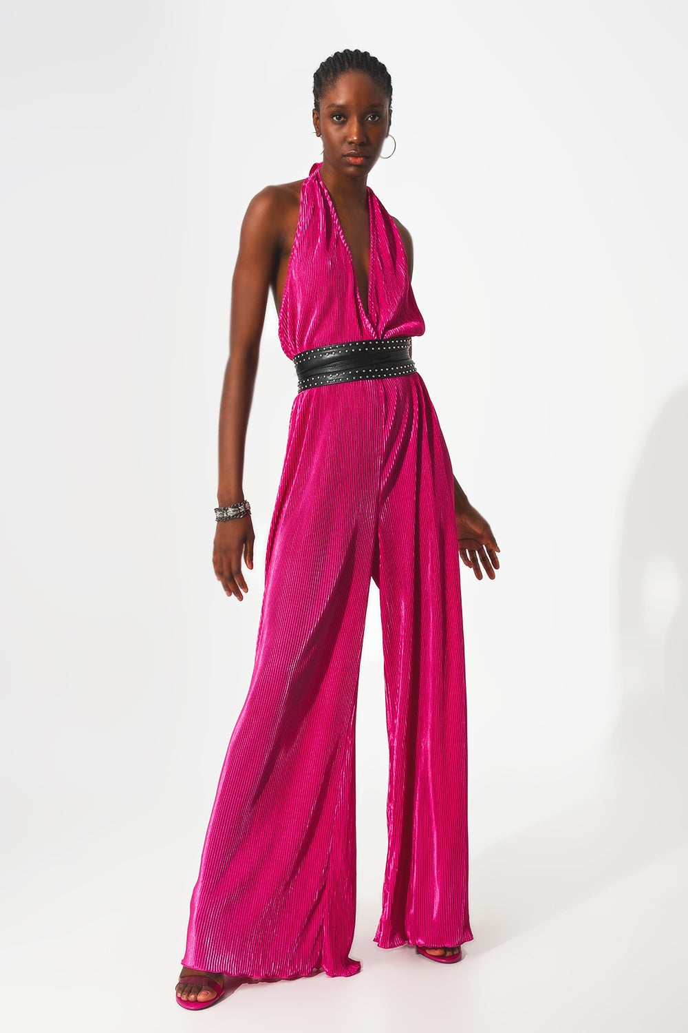 Satin halter neck pleated maxi jumpsuit in fuchsia Q2 Dresses BoutiqueLua