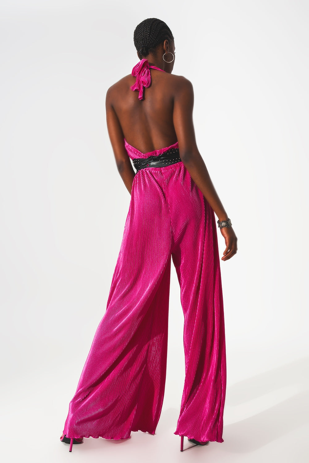 Satin halter neck pleated maxi jumpsuit in fuchsia Q2 Dresses BoutiqueLua