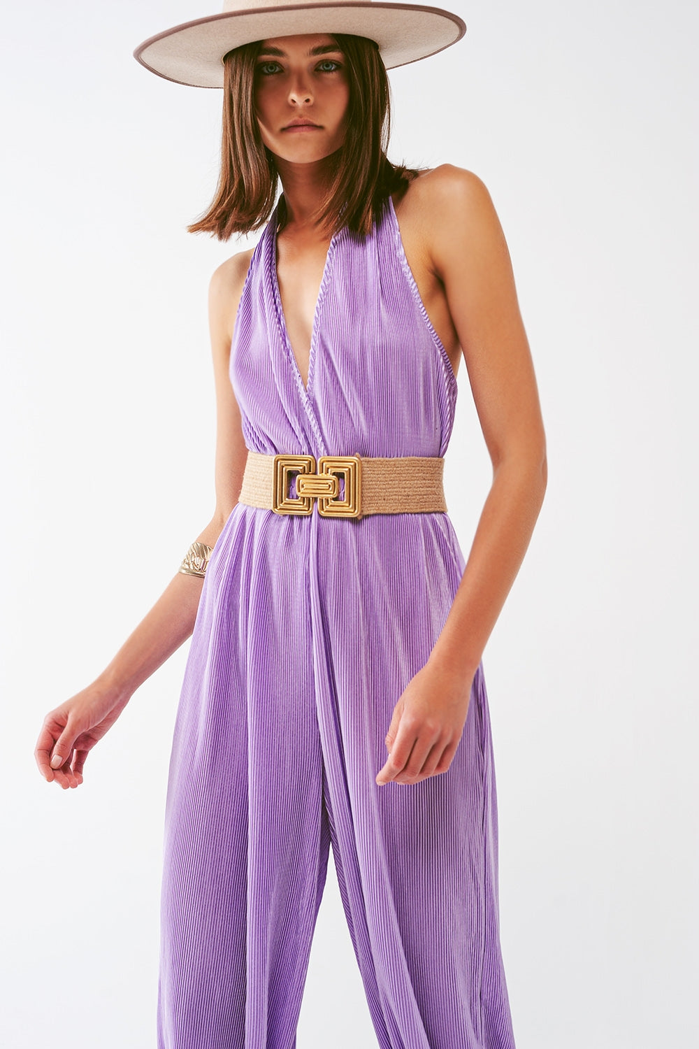 Satin Halter Neck Pleated Maxi Jumpsuit in lilac Q2 Dresses BoutiqueLua