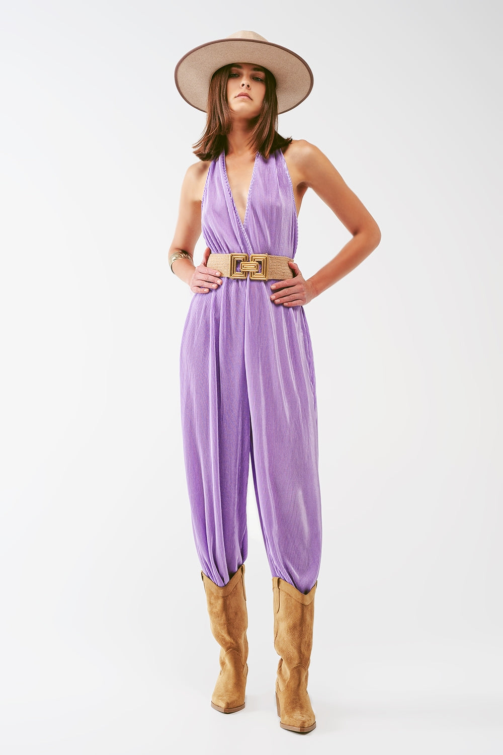 Satin Halter Neck Pleated Maxi Jumpsuit in lilac Q2 Dresses BoutiqueLua