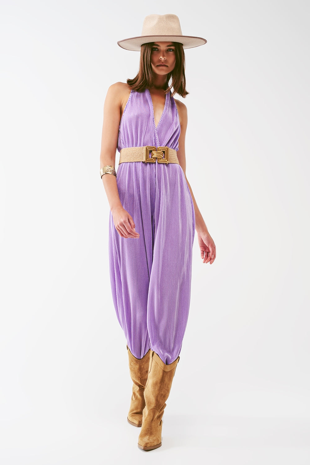 Q2 Satin Halter Neck Pleated Maxi Jumpsuit in lilac