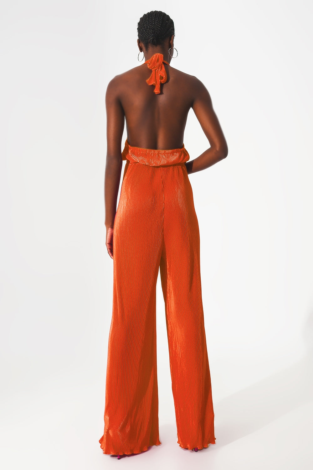 Satin halter neck pleated maxi jumpsuit in orange Q2 Dresses BoutiqueLua